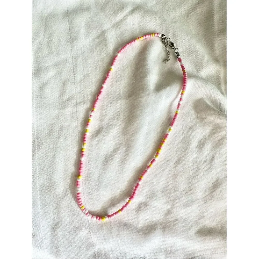Pink, yellow, and white beach style bead necklace